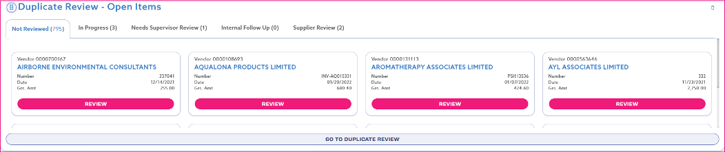 FlexTrap duplicate review dashboard displaying open items by vendor with invoice details and review buttons for AP teams.