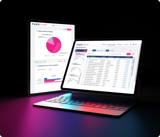 FlexTrap dashboard displaying supplier statement reconciliation on laptop and tablet.