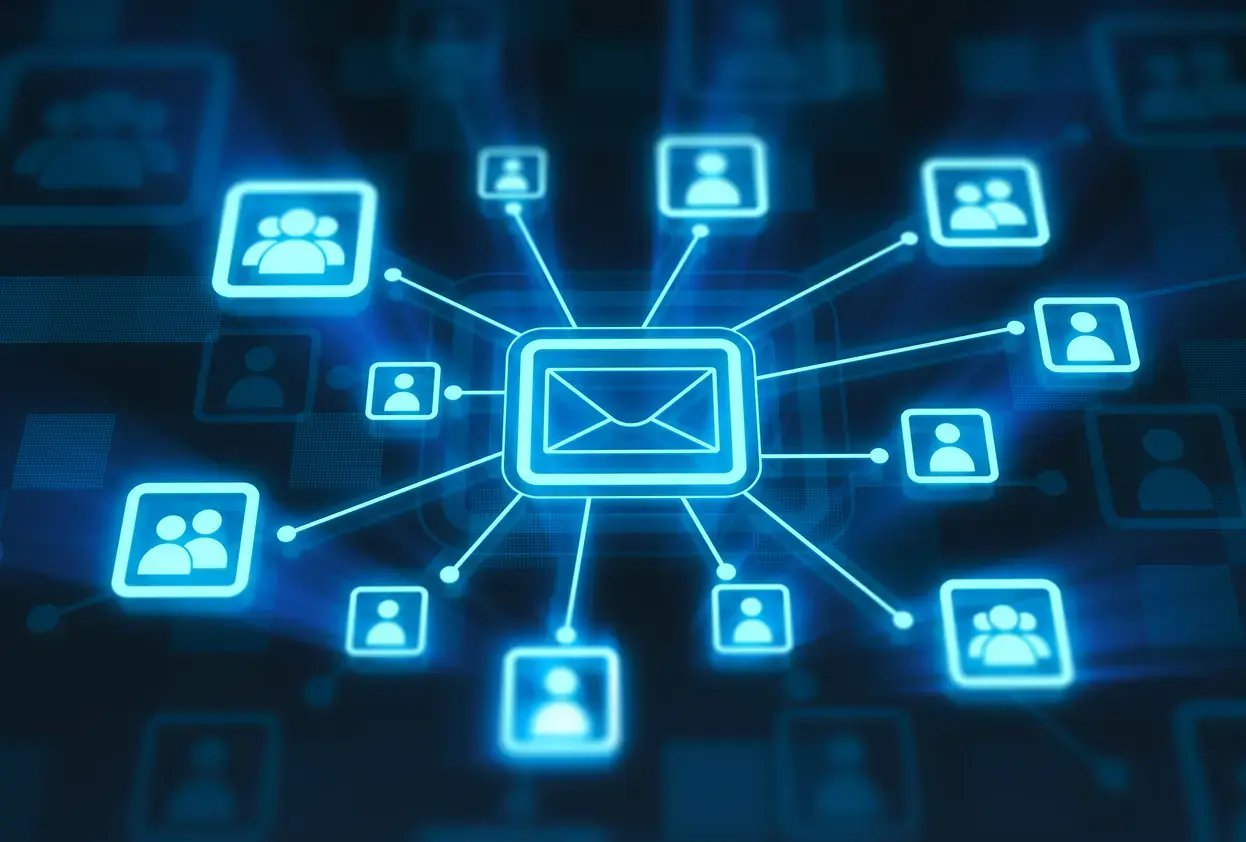Email network icon connecting vendors and AP teams.